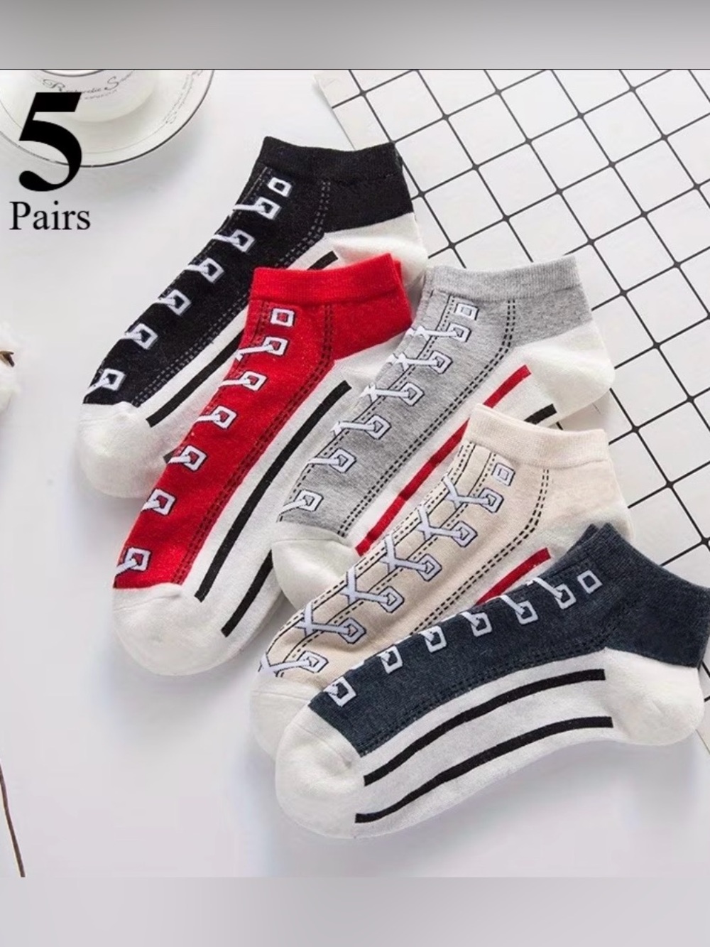 5 Pairs Fun Sneaker Lace No Show Ankle Socks-NEW